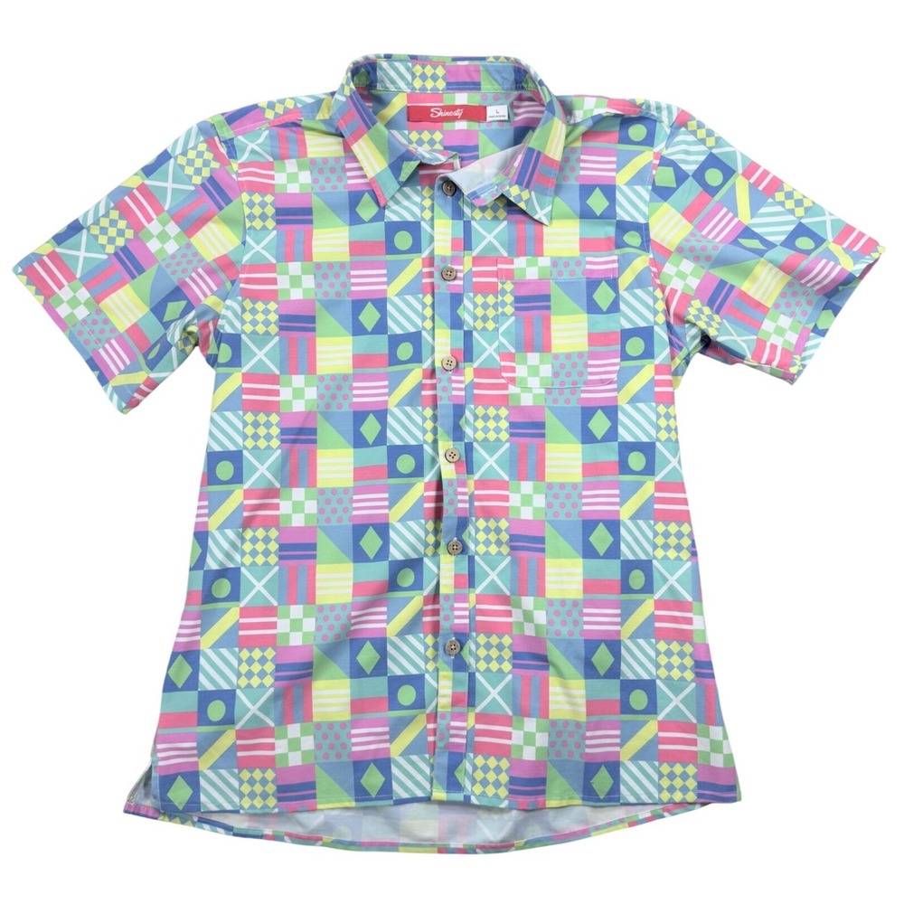 Shinesty Mens Large Geometric Nautical Patchwork Button Down Shirt PO2732 Multi